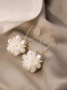 1pair Exaggerated Design Long Floral Ball Earrings With White Petals & Geometric Ear Studs, Ideal For Women's Daily Wear