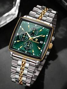 BINBOND 方形设计男士石英表，奢华时尚多功能计时表盘，不锈钢防水表壳，商务及情人节礼物，男士石英表 - 綠色 - 查看 4