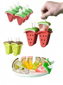 西瓜硅胶冰棒模具，4/6 果冻冰棒制作器带盖，水果形冰淇淋模具，DIY 自制冰棒，适合家庭使用，塑料，硅胶材质