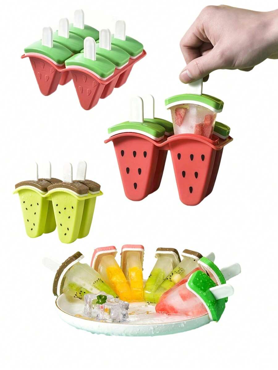 西瓜硅胶冰棒模具，4/6 果冻冰棒制作器带盖，水果形冰淇淋模具，DIY 自制冰棒，适合家庭使用，塑料，硅胶材质