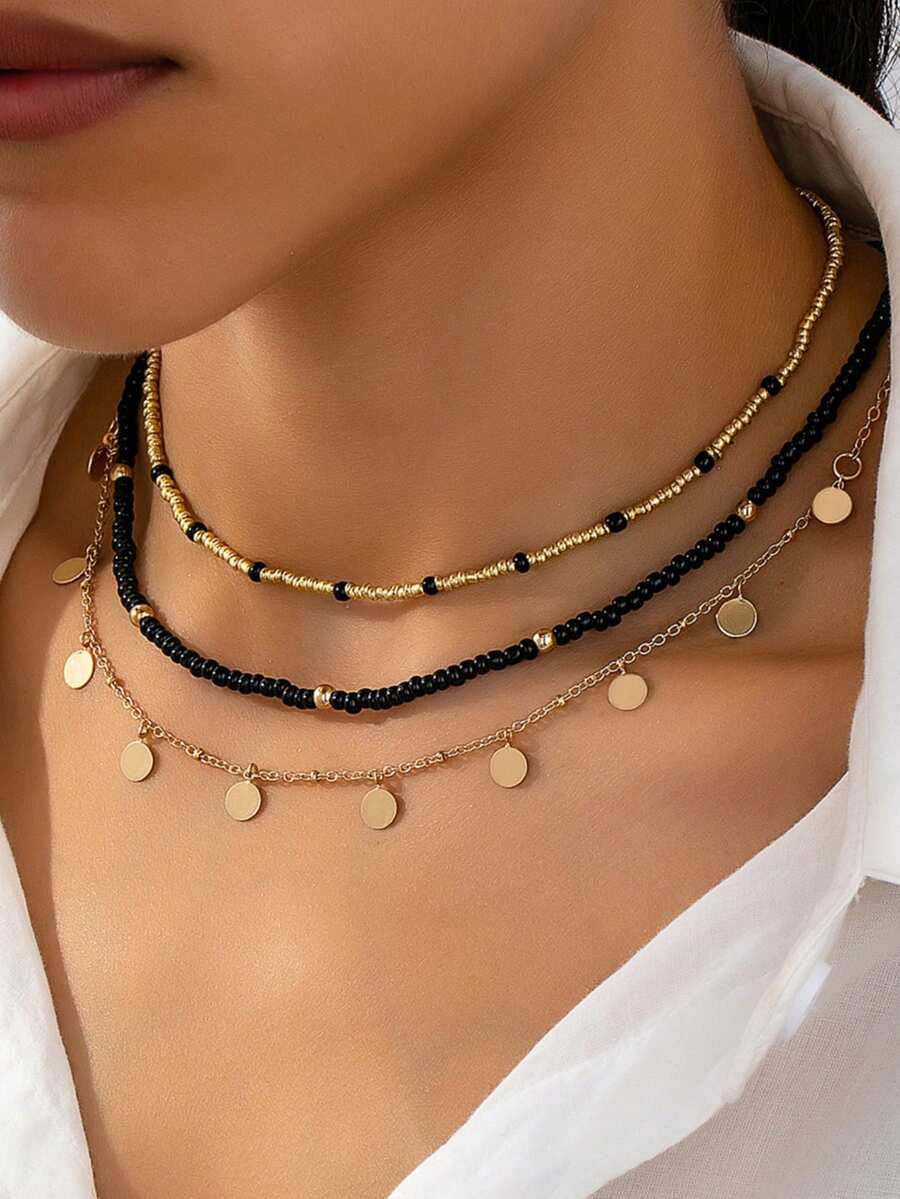 3pcs Metal Textured Pearl Beaded Pendant Necklace Set (Random Number Of Pendants) - Black - View 1