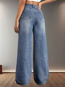 Jeans de pierna ancha para mujer con bolsillos, jeans de mujer modernos y versátiles, elegantes y modernos, adecuados para el uso diario, jeans sueltos y drapeados sin estirar, - Azul - Ver 6