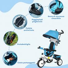 HOMCOM Triciclo per Bambini 18+ Mesi Pieghevole con Seduta Imbottita, Maniglione e Cestino - Blu - Visualizzare 3