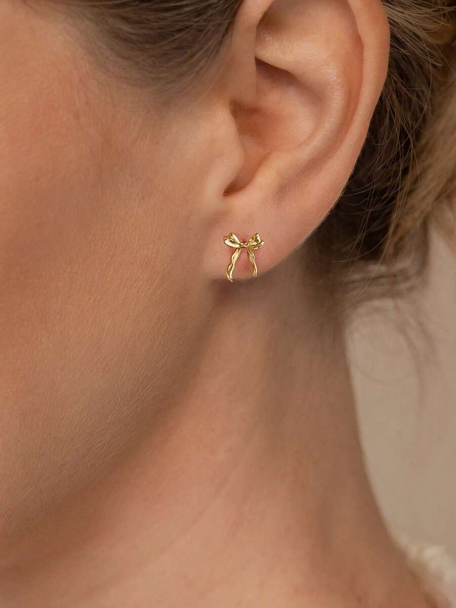 女款 14K 鍍金蝴蝶結耳釘 小緞帶飾品 - 款式七 - 查看 1