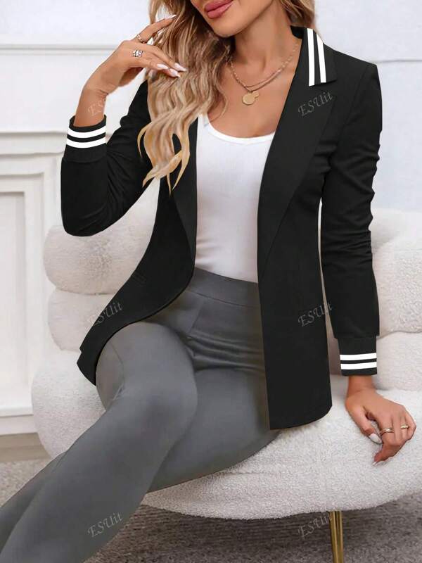 1 pieza Blazer delgado de tela de punto con bloqueo de color y bolsillos falsos para mujer, primavera y otoño