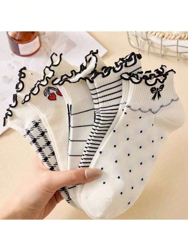5 Pairs Women Ruffle Ankle Socks With Cherry, Bow, Stripe, Plaid, Polka Dot Patterns, Elegant Design Suitable For Spring And Summer