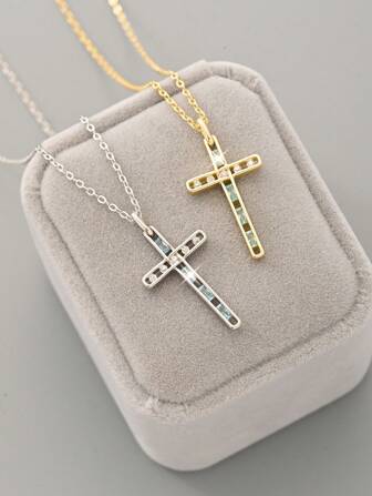 1 件 S925 纯银 14K 镀金十字架和锆石多层项链，女士个性化风格