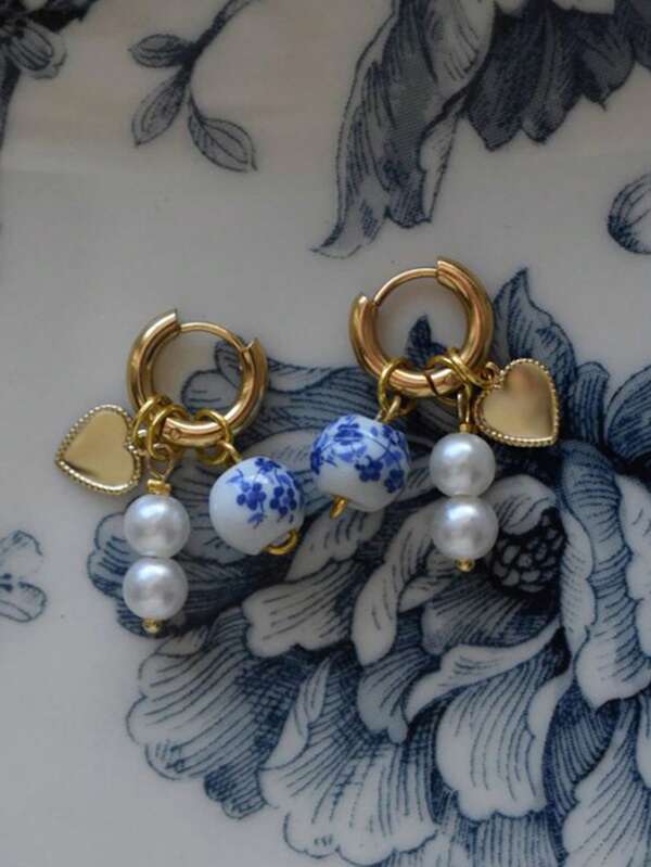 2 szt. Vintage Copper Tone & Ceramic Pearl Heart Shaped Eleganckie kolczyki dla kobiet, odpowiednie na randkę, imprezę, bal, codzienny strój i świąteczną biżuterię