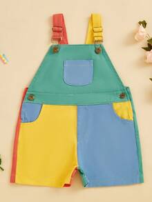 Toddler Boy Girl Overalls Shorts Contrast Color Sleeveless Suspender Romper With Adjustble Shoulder Strap - Yellow - View 1
