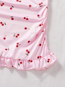 Women's Pink Pajamas,Cherry Print Frill Trim Ruched Bodycon Dress,Cute Sleep Dress,Lettuce Trim,Ruffle Hem Cami Pajama Nightdress,Babydolls,Slip Dress,Summer Sexy Lingerie Dress,Sexy Lingerie - Pink - View 9