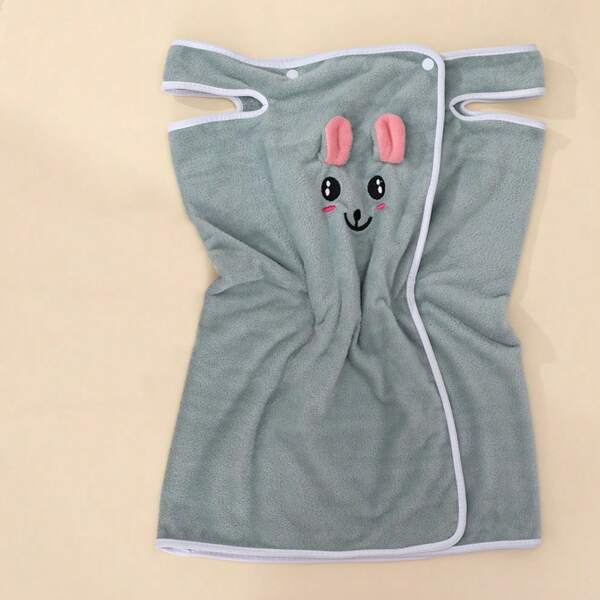 1pc Matcha Green Cute Rabbit Pattern Non-Shedding Coral Fleece Absorbent Sleeveless Bathrobe/Towel, Suitable For Daily Wash & Care