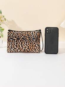 1pc Leopard Print PU Leather Makeup Bag, Portable Handbag Cosmetic Organizer,Pouch,Makeup Pouch,Travel Essential - Multicolor - View 3