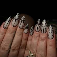 Almond Press On Nails Medium Length Fake Nails Black Goth Acrylic Glue On Nails Glow In The Dark False Nails With Designs Full Cover Glue On Nails Reusable Artificial Nails For Women 24Pcs
