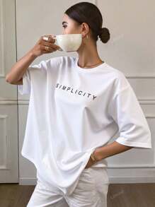 Livesso Loose Fit Letter Print Short Sleeve Round Neck T-Shirt SIMPLICITY Summer