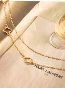 1pc, 18k Golden Plated, Stainless Steel Hollow Clover Double Necklace, Women's Classic Luxury Stainless Steel Jewelry, Wedding Graduation Gifts