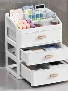 1pc White Scandinavian Style Multi-Layer Divided Makeup Storage Box, Desktop Cosmetic Organizer Holder With Drawers For Home Use - White - View 3