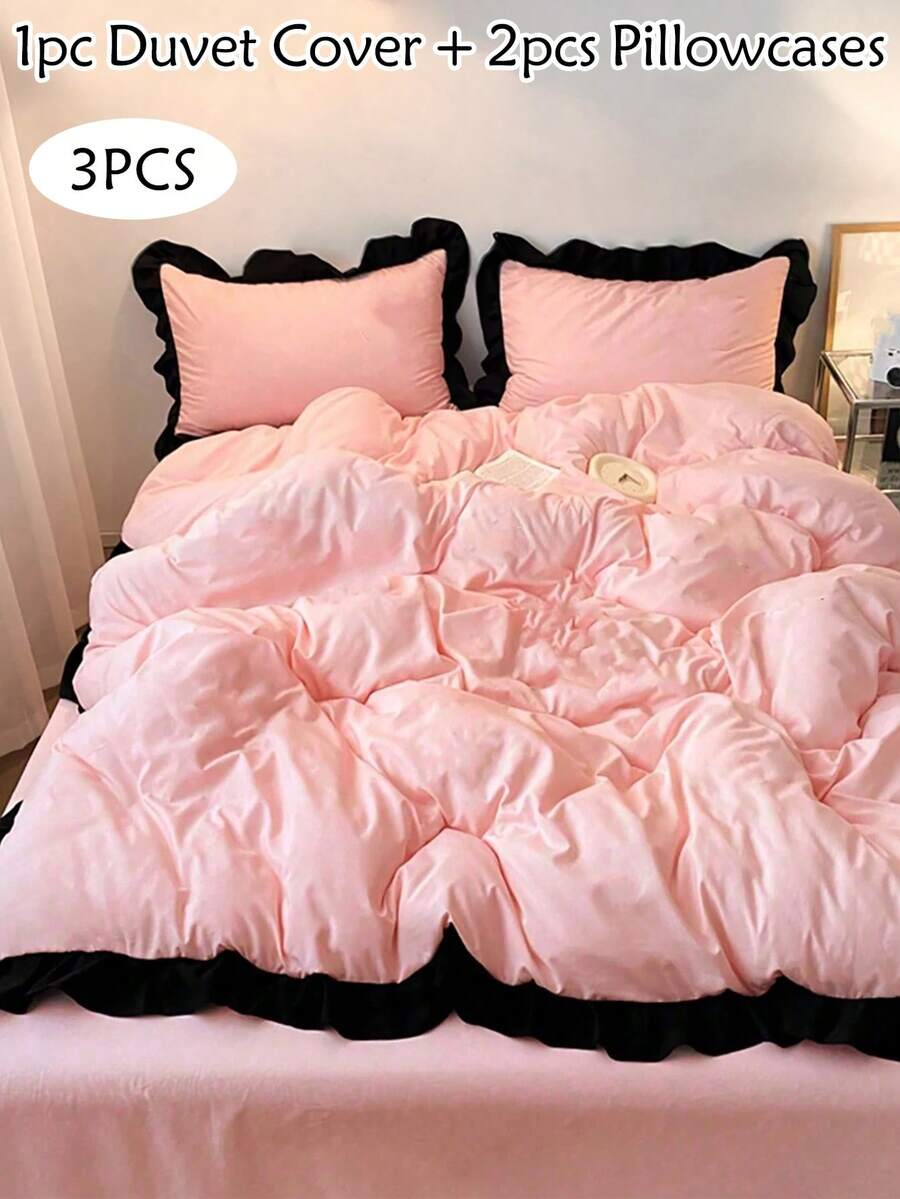 3 件套粉色涤纶羽绒被套，带黑色荷叶边蕾丝，现代可爱床上用品套装，大号，适合所有季节，柔软透气（1 个羽绒被套 + 2 个枕套，无填充物） - 粉色 - 查看 1
