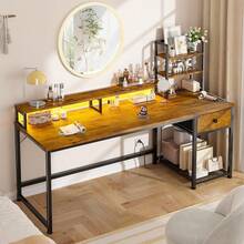 EnHomee 55" Gaming Desk With LED Lights & Power Outlets, Computer Desk With Drawers, Home Office Desks With Reversible Shelves And Monitor Stand, Rustic Brown - 黑色 - 查看 10