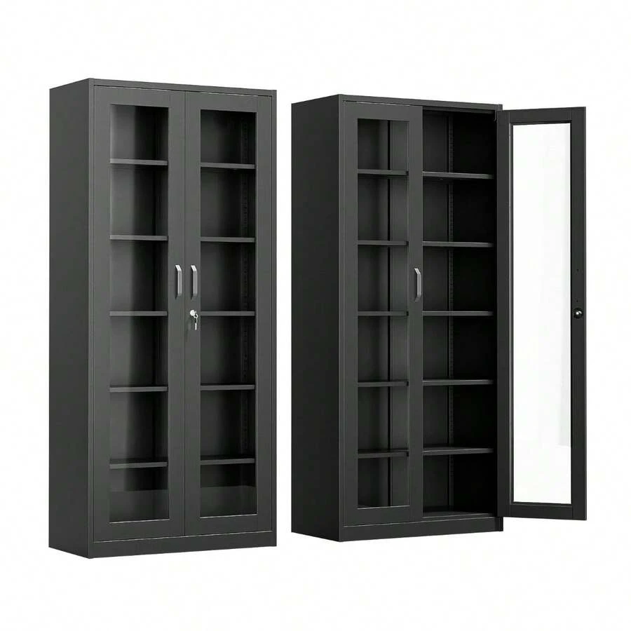 Display Cabinet Curio Cabinet Bookshelf Bookcase Liquor Cabinet With Glass Doors - 黑色 - 查看 1