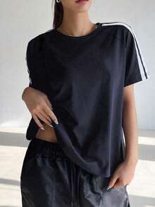 女童休闲时尚撞色条纹短袖T恤，1件装，春夏秋季款 - 藏蓝色 - 查看 6