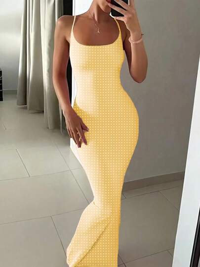 1 Stück Elegantes Damen Kleid mit Polka Dot Muster, rückenfreier Träger, figurbetonter Schnitt, lang, geeignet für Partys im Herbst