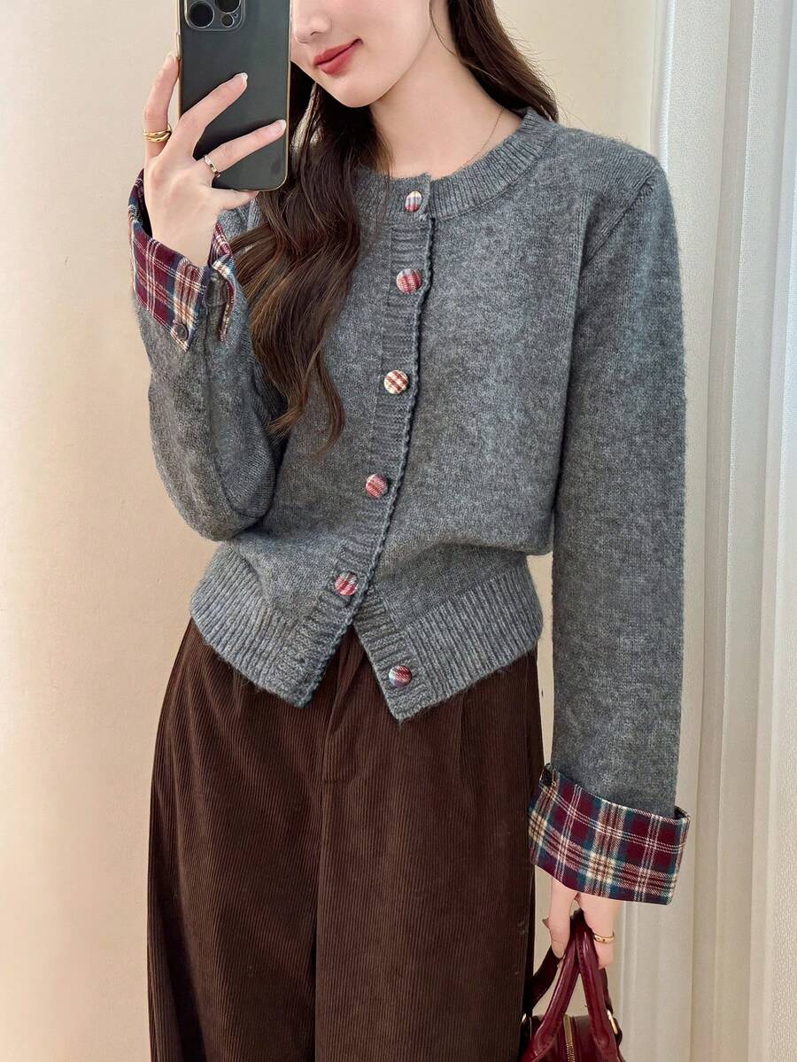 Alicedudu 女式拼色编织格子拼接设计圆领毛衣开衫，秋冬