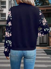 Plus Women's Floral Print Zipper Jacket - Navy Blue - View 4