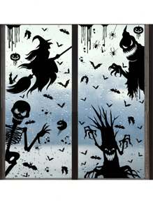 65pcs/Set Halloween Stickers With Witch, Pumpkin, Ghost, Grim Reaper Scythe Elements, Zombie Party Haunted House Decor Window Stickers, Black Decorative Stickers For Wall, Desk, Door, Fireplace, Halloween Decoration