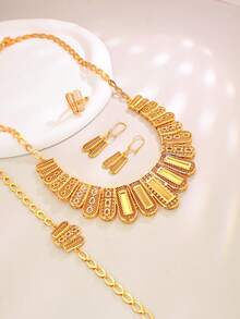 5 件套优雅经典复古风格项链、耳环、戒指、手链首饰套装，适合女士 - 金黃色 - 查看 6