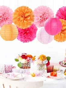 15 buc. hârtie decorativă pentru petrecere la modă roz-portocaliu - felinare cu flori, serpentine din hârtie absorbantă cu pom-pom, potrivite pentru nunți de toamnă, petreceri burlăcițe, aniversări boeme, decor agățat pentru petreceri la apus