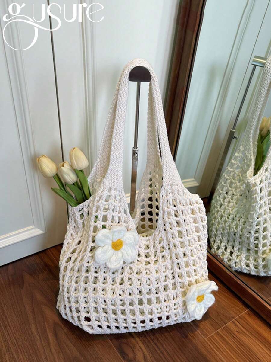 Women's Large Capacity Solid Color Crochet Tote Bag Knitted Hollow Design Fashionable Beach Shopping Bag For Travel And Vacation Women Knitted Hollow Out Tote Bags New Large Capacity Shoulder Composite Bag Weave Beach Vacation Handbags