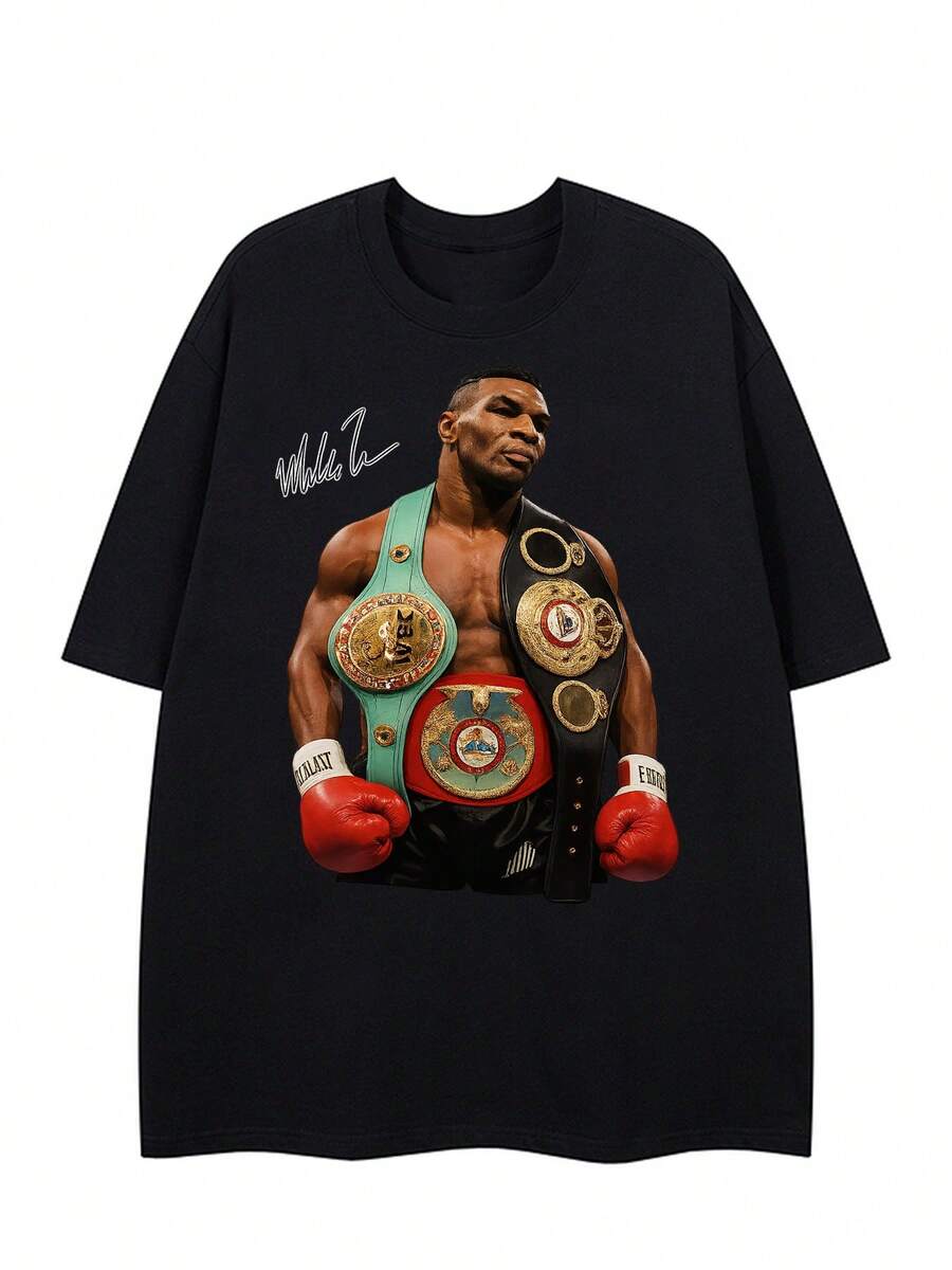 Men Plus Size, Boxing Champion Funny Graphic Black Tee, Casual Soft Cotton 220g Pattern Printed T-Shirt - 黑色 - 查看 1