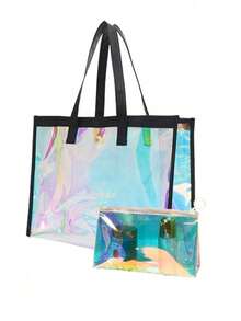 1/2 件/套大号沙滩透明彩虹色沙滩包，女士手提包，防水防沙沙滩包，带拉链袋透明激光袋，适用于度假、假日、旅行、海滩、游泳、泳池、巡航、船包、生日礼物、派对礼物