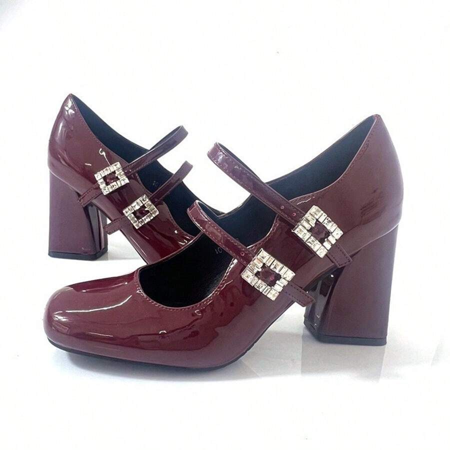 Schuhe mit französischem Blockabsatz und quadratischer Spitze - Bordeaux - Übersicht 1
