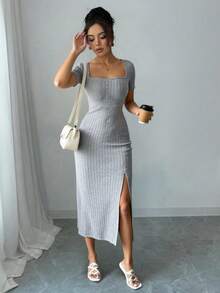 Solid Color Ribbed Knit Dress With Slits - 灰色 - 查看 4