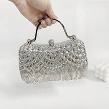 Metal Top Handle Tassel Evening Banquet Bag Rhinestone Glitter Box Handbag Crossbody Bag Large Capacity Ladies Clutch Bag Party - Silver - View 5