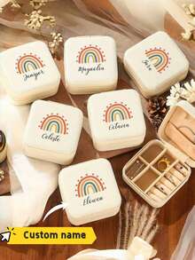 Customized Rainbow Jewelry Box, Rainbow Jewelry Box For Back To School, Teacher Dorm Storage Must-Have, Customized With Name, Back To School Gift For Teacher/Friend/Classmate, Rainbow Pattern Customized Name Jewelry Box, Mini Portable Earring & Ring Storage & Organization Holder, Rainbow Element Jewelry Box Supports Customized Name, Travel Portable Jewelry Storage Box - one-size - View 1