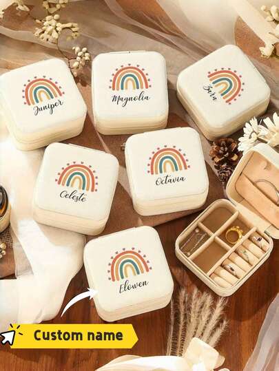 Customized Rainbow Jewelry Box, Rainbow Jewelry Box For Back To School, Teacher Dorm Storage Must-Have, Customized With Name, Back To School Gift For Teacher/Friend/Classmate, Rainbow Pattern Customized Name Jewelry Box, Mini Portable Earring & Ring Storage & Organization Holder, Rainbow Element Jewelry Box Supports Customized Name, Travel Portable Jewelry Storage Box