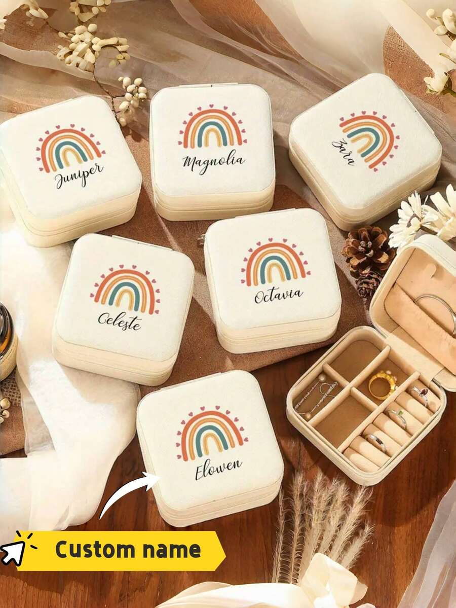 Customized Rainbow Jewelry Box, Rainbow Jewelry Box For Back To School, Teacher Dorm Storage Must-Have, Customized With Name, Back To School Gift For Teacher/Friend/Classmate, Rainbow Pattern Customized Name Jewelry Box, Mini Portable Earring & Ring Storage & Organization Holder, Rainbow Element Jewelry Box Supports Customized Name, Travel Portable Jewelry Storage Box - one-size - View 1