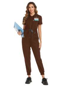 2pcs/Set Zip Front Short Sleeve Drawstring Simple Casual Scrubs Set