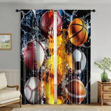 2pcs Classic Polyester Sport Themed Blackout Curtains Set, Dynamic Ice & Fire Design With Baseball, Football, Soccer & Basketball, Ideal For Boys Bedroom Window Treatment