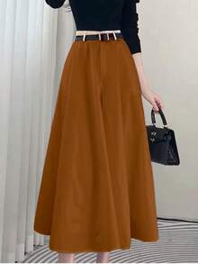 Solid Color High Waist Skirt With Pockets On Both Sides And Wide Hem - Brown - View 2