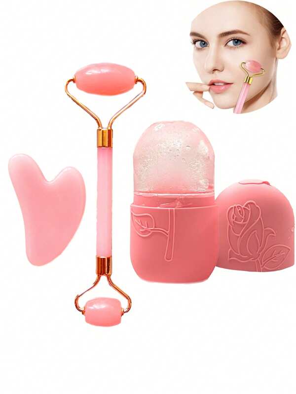 3/2/1pc Ice Face Roller -Facial Skincare Ice Roller Set,Facial Massage Tool,Silicone Ice Face Roller, Lce Roller,Rose Quartz With Roller Massager And Scraping Gua Plate,For Face & Eye Puffiness Relief, FacialMassager Contour And Enhance Skin Care & Glow,For Eyes, Neck, And Face,Lce Facial RollerMold Cub- Skin Care Toole.Summer Ice Massage Products,Office Supplies School Supplies Travel Essentials.