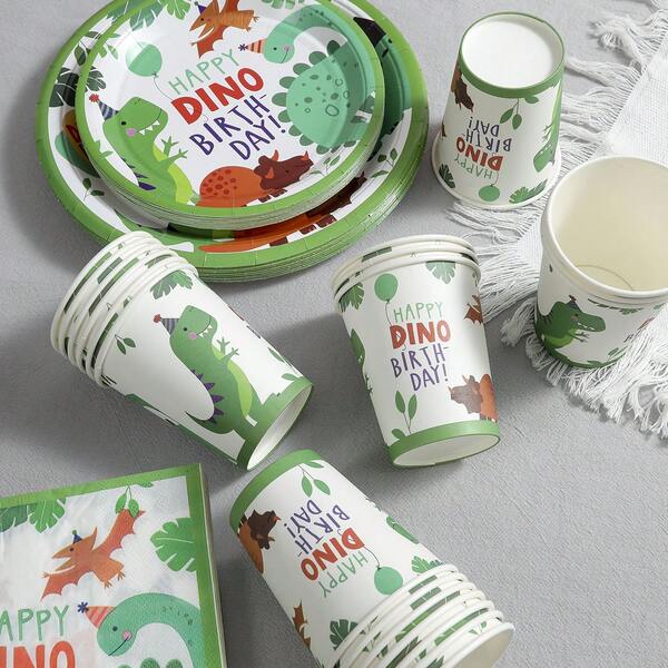 80pcs/Set Cartoon Dinosaur Tableware Set, 7/9 Inch Party Plates, Napkins, Cups, Birthday Party Gifts, Decorations, Suitable For Birthday Theme Party Supplies, Dessert Plates, Beverage Cups
