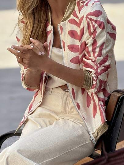 Chaqueta de béisbol estampada para mujer con bolsillos, chaqueta bomber casual de vacaciones cómoda con empalmado de lámina, primavera/otoño