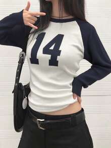 Number Graphic Casual Raglan Sleeve Fitted Long Sleeve Top - Blue and White - View 4