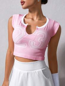 NcmRyu 1 件女式涂鸦设计性感短款修身露脐运动短袖上衣