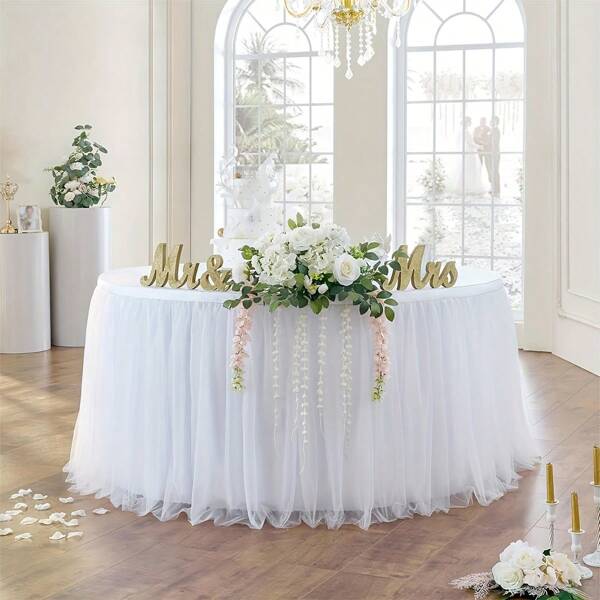 1pc White Tulle Self-Adhesive Wedding Table Skirt, Easy Installation And Removal, Romantic Wedding Tablecloth, Gold Trim Decoration For Round And Square Tables, Single Cloth With Double Tulle Layer For Holiday, Birthday Party Decor