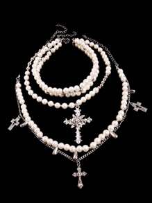 3pcs/Set Fashionable Luxury Exquisite Unique Design Punk Style Cross Pearl Layered Necklace, Versatile For Daily Wear And Parties