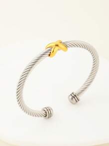 1pc Minimalist Stainless Steel Cable Wire Open Cuff Bracelet, Adjustable C-Shape Fashion Bangle, Suitable For Gifts And Daily Wear
